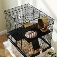 PawHut Cușcă pentru Hamsteri cu 3 Niveluri, Bază Adâncă, Roți  Rampe, Bol și Sticlă, 58x43x74 cm, Negru(m-9)