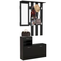 HOMCOM Conjunto 3 en 1 de muebles de entrada con perchero, espejo y zapatero - 6 ganchos y balda ajustable, negro(m-7)