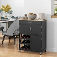 HOMCOM Carrito de Cocina de Madera con Portabotellas 3 Puertas y Cajón 67x37x87 cm Negro y Roble(m-2)
