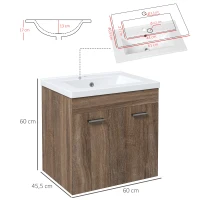 kleankin Mueble bajo lavabo suspendido con lavabo de cerámica y 2 compartimentos 60x45,5x60 cm Marrón claro(m-3)