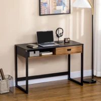 HOMCOM Escritorio informático diseño industrial gran tablero con cajón estante 110x50x76 cm acabado nogal y Negro(m-2)