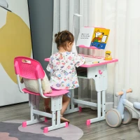 HOMCOM Banco Escuela con Silla para Niños 6-12 Años Altura Ajustable, Lámpara LED, Atril y Portabolígrafos, Acero y MDF, Rosa(m-2)