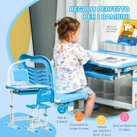 HOMCOM Banco Scuola con Sedia per Bambini 6-12 Anni con Altura e Inclinación Ajustables, Azul(m-3)