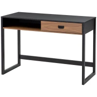 HOMCOM Escritorio informático diseño industrial gran tablero con cajón estante 110x50x76 cm acabado nogal y Negro(m-7)