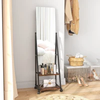 HOMCOM Espejo de Pie Rectangular Espejo de Suelo Rodante con Ángulo Ajustable 2 Estantes 4 Ruedas Negro y Marrón Rústico(m-4)