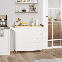 HOMCOM Isola da Cucina con Piano di Lavoro Ribaltabile, 3 Cassetti, 1 Armadio, Porta Strofinacci e Porta Spezie, 111,5 x 75 x 89 cm, Bianco(m-2)
