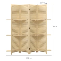 HOMCOM Biombo Interior 4 Paneles 160x170 cm 3 estantes plegables separador de espacios puertas de persiana natural(m-3)