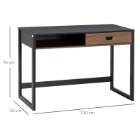 HOMCOM Escritorio informático diseño industrial gran tablero con cajón estante 110x50x76 cm acabado nogal y Negro(m-3)