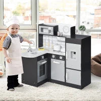 HOMCOM Cocina de Juguete para Niños de Madera con 14 Accesorios, Horno, Fregadero, Nevera y Microondas, Edad 3+ Años, 86x64x84,5 cm(m-2)