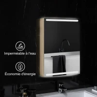 HOMCOM Armario mural baño con espejo iluminación LED y estantes de vidrio ajustables 50x12,5x70 cm Madera Natural(m-4)