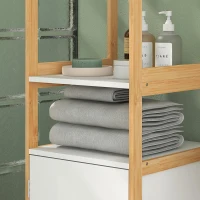 HOMCOM Mueble columna de baño con 2 estantes y 2 armarios estante ajustable bambú y MDF 33x33x170 cm Blanco(m-4)