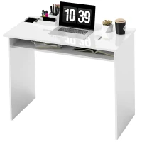 HOMCOM Escritorio de ordenador sobrio y compacto con 1 estante paneles de partículas 90x50x74 cm Blanco lacado(m-7)