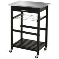 HOMCOM Carrito de Servicio con ruedas para cocina Mesa con estante para botellas 60x40x85 cm Bandeja de Acero Inoxidable Negro(m-7)