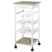 HOMCOM Carrito de servicio carrito de cocina con ruedas cesto + 2 bandejas extraíbles cajón estante MDF Roble claro madera de pino(m-7)