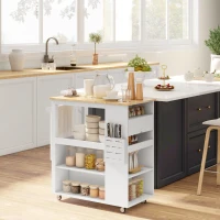 HOMCOM Carrito de Cocina con Ruedas Isla de Cocina Tablero de Madera de Caucho 4 estantes ajustables portacuchillos Blanco(m-4)