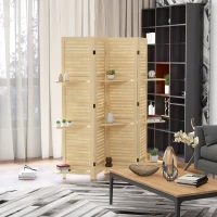 HOMCOM Biombo Interior 4 Paneles 160x170 cm 3 estantes plegables separador de espacios puertas de persiana natural(m-2)