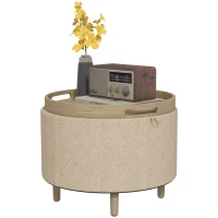 HOMCOM Puffs Redondo reposapiés taburete con almacenamiento bandeja reversible mueble 3 en 1 pata de madera Beige(m-7)
