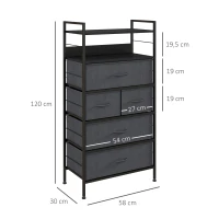HOMCOM Cómoda Mueble de Almacenamiento 5 cajones en tela amovibles y 2 estantes estructura acero 58x30x120 cm Negro(m-3)