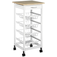 HOMCOM Carrito de servicio con ruedas y múltiples compartimentos 4 cestas metálicas + cajón madera de pino 37x37x82 cm Blanco