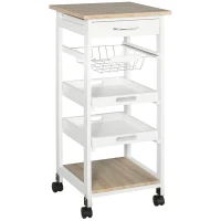 HOMCOM Carrito de servicio carrito de cocina con ruedas cesto + 2 bandejas extraíbles cajón estante MDF Roble claro madera de pino(m-1)