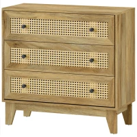 HOMCOM Cómoda 3 cajones Mueble de Almacenamiento con rejilla de ratán aspecto de madera clara 80x35x76 cm(m-7)