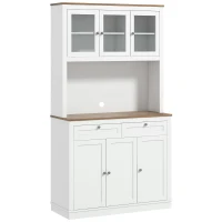 HOMCOM Armário de Cozinha com 3 Portas de Vidro Compartimento Aberto 2 Gavetas e Prateleiras Ajustáveis 100x40x180 cm Branco(m-1)