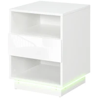 HOMCOM Mesita de noche mesa de noche LED cajón estantes tablero 40x40x55 cm Blanco brillante lacado(m-7)