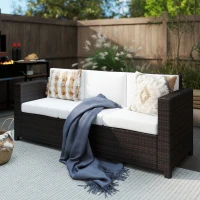 Outsunny 3 Seater Rattan Sofa, All-Weather Wicker Weave Metal Frame Chair with Fire Resistant Cushion, Brown(m-2)