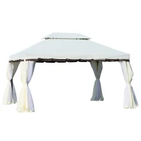 Outsunny Pérgola de Jardim 390x290 cm com Teto de Ventilação 4 Cortinas Laterais Tela Mosquiteira e 8 Orifícios de Drenagem Branco(m-1)