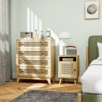 HOMCOM Cómoda 4 cajones Mueble de Almacenamiento mimbre de ratán aspecto madera clara 80x35x95 cm(m-5)