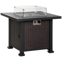 Outsunny Square Propane Gas Fire Pit Table, 50000 BTU Rattan Smokeless Firepit Patio Heater with Glass Screen, Glass Beads and Lid, 81cm x 81cm x 64cm, Black