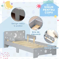 ZONEKIZ Pat pentru copii 3-6 ani cu stele si luna din MDF si PAL, 143x76x49 cm, culoare gri si lemn(m-5)