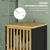 HOMCOM Mobiletto Bagno a Doghe con 2 Ripiani Aperti e 2 Armadietti, in MDF e Bambù, 32x30x172 cm, Nero e color Legno(m-8)