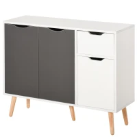 HOMCOM Aparador Móvel Auxiliar de Armazenamento com 2 Armários de Porta Gaveta Pés de Madeira 90x30x72 cm Cinza e Branco(m-1)
