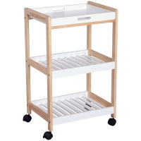 HOMCOM Carrito de servicio con ruedas para cocina 2 estantes + bandeja desmontable de madera de pino MDF Blanco