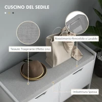 HOMCOM Panca Scarpiera a 2 Armadietti con Cuscino, in Tessuto Effetto Lino, Legno e Acciaio, 84x35x50 cm, Bianco(m-5)