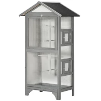 PawHut Gaiola para Pássaros de Madeira com 3 Portas 4 Poleiros Bandeja Amovível e Teto Asfáltico 80,5x57x153 cm Cinza Claro(m-1)
