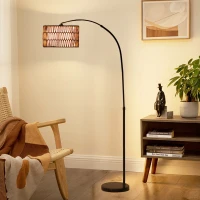 HOMCOM Rattan Floor Lamp for Living Room, Farmhouse Arc Standing Lamp with Dual-Layer Shade & Foot Switch, Height Adjustable Minimalist Tall Pole Lampshade for Bedroom, Office, Black(m-8)