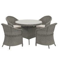 Outsunny 4 Seater Rattan Garden Furniture Set with Cushions, Round PE Rattan Dining Set with Glass-Top Table, Umbrella Hole, Outdoor Garden Table and Chairs, Grey