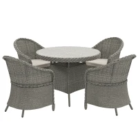 Outsunny 4 Seater Rattan Garden Furniture Set with Cushions, Round PE Rattan Dining Set with Glass-Top Table, Umbrella Hole, Outdoor Garden Table and Chairs, Grey(m-1)