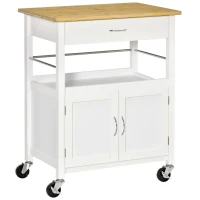 HOMCOM Carrito de cocina multi-almacenamiento - 73x50x91 cm - asas de metal MDF Blanco bandeja de madera de bambú barnizada(m-1)
