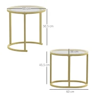 HOMCOM Conjunto de 2 mesas bajas mesas auxiliares nido encastrables estructura en acero y cristal templado transparente dorado(m-3)
