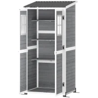 Outsunny Casetta da Giardino in Legno con Ripiani Regolabili, Due Porte con Blocco e Finestre, Grigio(m-10)