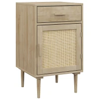 HOMCOM Mesita de Noche con Armario y Estante Puerta Tejida de Ratán + 1 Cajón Diseño Bohemio - 40x40x68,5 cm Natural(m-1)