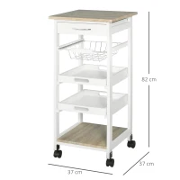 HOMCOM Carrito de servicio carrito de cocina con ruedas cesto + 2 bandejas extraíbles cajón estante MDF Roble claro madera de pino(m-3)