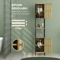 HOMCOM Mobiletto Bagno a Doghe con 2 Ripiani Aperti e 2 Armadietti, in MDF e Bambù, 32x30x172 cm, Nero e color Legno(m-6)