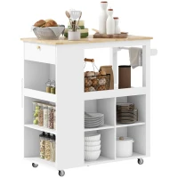 HOMCOM Carrito de Cocina con Ruedas Isla de Cocina Tablero de Madera de Caucho 4 estantes ajustables portacuchillos Blanco(m-7)