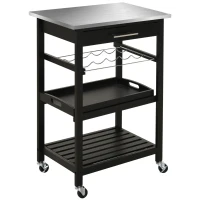 HOMCOM Carrito de Servicio con ruedas para cocina Mesa con estante para botellas 60x40x85 cm Bandeja de Acero Inoxidable Negro(m-1)
