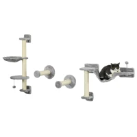 PawHut Prateleiras de Escalada para Gatos de Parede com Rede Plataformas Poste de Sisal e Escada 84,5x19x54 cm Cinza e Bege(m-1)