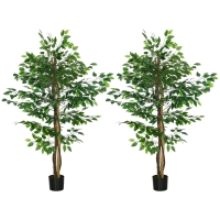 HOMCOM Conjunto de 2 plantas artificiales ficus altura 1,50 m tronco ramas lianas líquen hojas gran realismo maceta incluida Verde